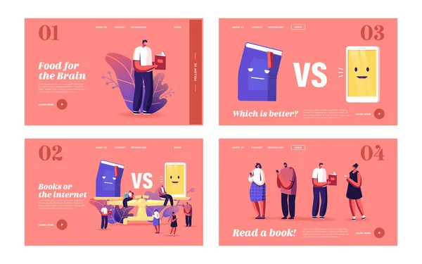 Book vs Phone Landing Page Template Set. Drobné postavy čtou v obrovských měřítkách. Inovativní technologie ve vzdělávání — Stockový vektor