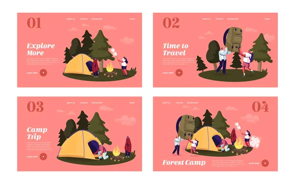 Le persone trascorrono del tempo al campo in Forest Landing Page Template Set. Personaggi turistici impostare tenda, frittura Marshmallow — Vettoriale Stock