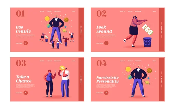 Ego, Narcissistic Self Love Landing Page Template Set. Крошечные персонажи вокруг огромного эгоцентричного мачо, несущего корону — стоковый вектор