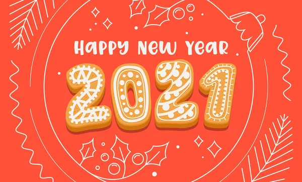 2021 년 행복 한 새해 인사 카드 Gingerbread 쿠키 타이포그래피 및 선형 디자인 Elements Holly Berry Leaves — 스톡 벡터