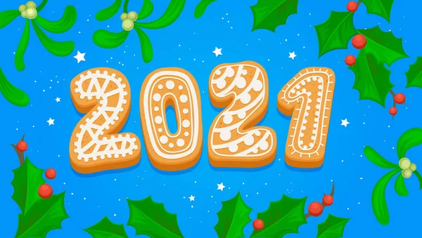 2021 Щаслива новорічна вітальна картка з типографією печива Gingerbread на синьому тлі з Holly Berries and Leaves — стоковий вектор