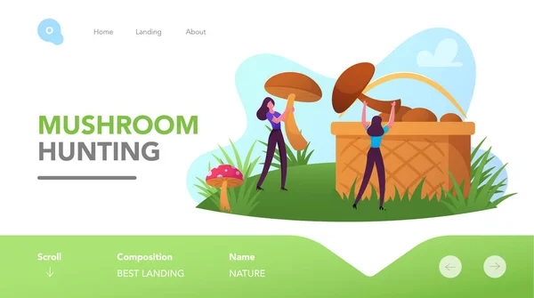 Mushroomers Pick Up Huge Mushrooms in Forest Landing Page Template. Tiny Characters Rest on Nature, Outdoor Activity — Stock Vector