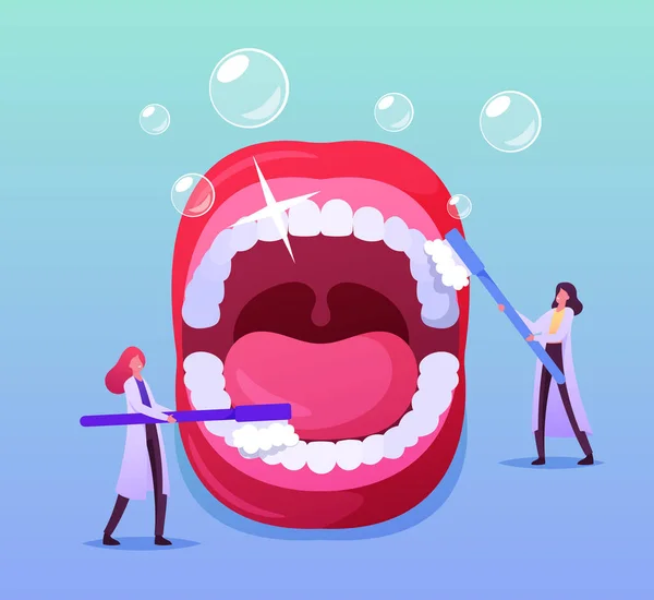 Dentiste minuscule Docteur Personnages Soins des dents énormes dans la bouche ouverte avec brosse et dentifrice Caries Prévention, Stomatologie — Image vectorielle