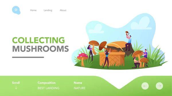 Mushroomers Walk in Forest, Activity, Hobby Landing Page Template (dalam bahasa Inggris). Happy Tiny Characters Spend Time Outdoors in Autumn - Stok Vektor