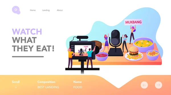 Plantilla de landing page de Mukbang. Pequeños personajes comiendo y degustando comida en la cámara de video para redes sociales Vlog Broadcast — Vector de stock