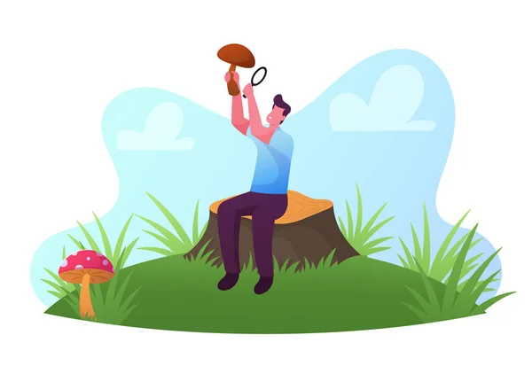 Happy Man Holding Look on Mushroom Through Magnifying Glass in Forest, Mushroomer Character Spend Time Outdoors — Stock Vector