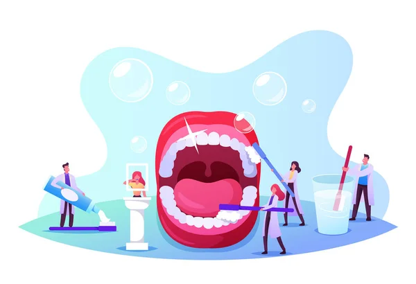 Concepto de Cuidado Dental. Pequeños Dentistas Personajes Limpieza y Cepillado Enormes Dientes en Boca Abierta. Pasta de dientes de uso médico — Archivo Imágenes Vectoriales