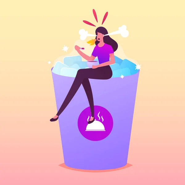 Tiny Female Character Sitting at Huge Cup of Ice Cubes with Plate of Hot Food in Hands Жінка їсть прянощі чи гаряче м "ясо — стоковий вектор