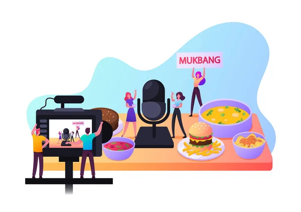 Mukbang-konceptet. Små manliga och kvinnliga karaktärer äta och provsmaka mat på videokamera för sociala medier Vlog Broadcast — Stock vektor