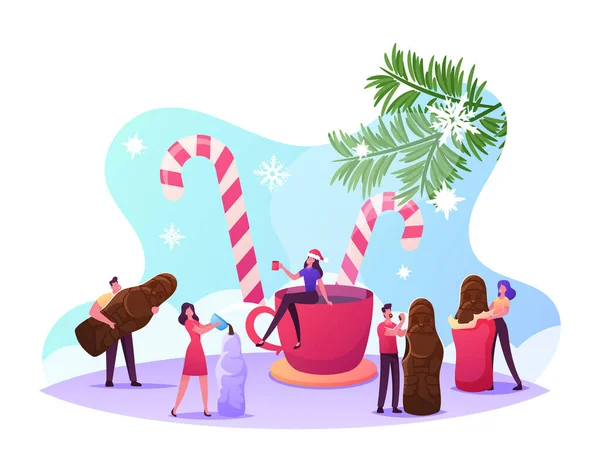 거대 한 컵과 캔디 캔디 캔디를 먹는 초콜릿 산타 스위트 크리스마스 디저트 주변의 작은 수컷 또는 암컷 캐릭터 — 스톡 벡터