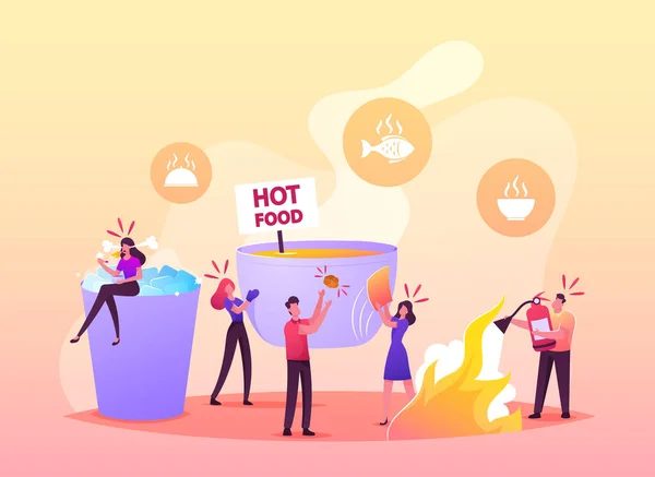 Drobné postavy na obrovském míse s Hot Food Woman sedí na pohár s ledovým foukáním na pikantní jídlo v talíři, hasicí přístroj — Stockový vektor