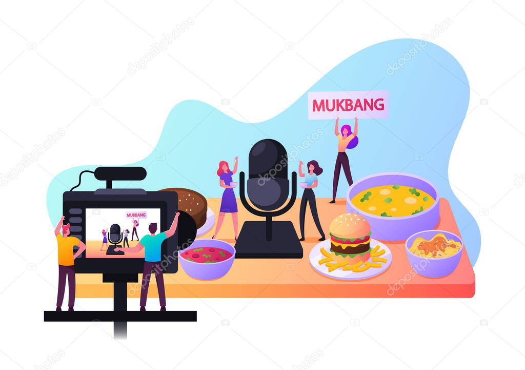 Mukbang Concept. Tiny Male and Female Characters Eating and Tasting Food on Video Camera for Social Media Vlog Broadcast