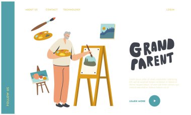 Son sınıf hobi iniş sayfası şablonu. Easel 'in Önünde Elde Boya Fırçası Çizen Yaşlı Erkek Ressam Karakteri