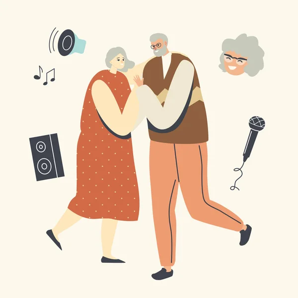 シニアカップルダンススペアタイム,高齢者アクティブライフスタイル,愛情や友好関係の老人と女性 — ストックベクタ