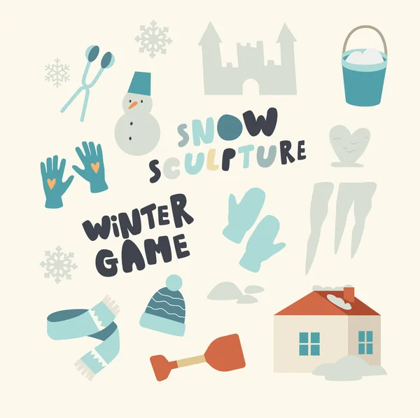 스노우 스컬쳐 테마 (Snow Sculpture Theme). Snowman, Icicles and House, Shovel, Knitted Hat and Mittens with Gloves, Sculptures — 스톡 벡터