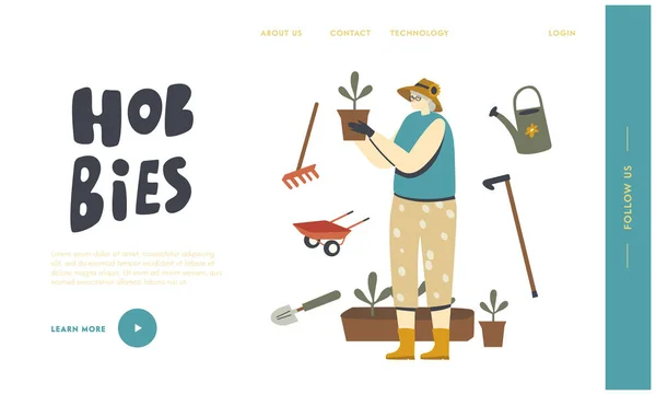 Senior Woman Gardening or Farming Hobby Landing Page Template. Věk Žena Charakter Péče o domácí rostliny v hrncích — Stockový vektor