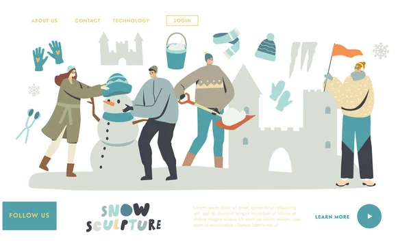 冬のアクティビティランディングページテンプレート。氷の町で雪城と雪男の彫刻を作る若いキャラクター — ストックベクタ
