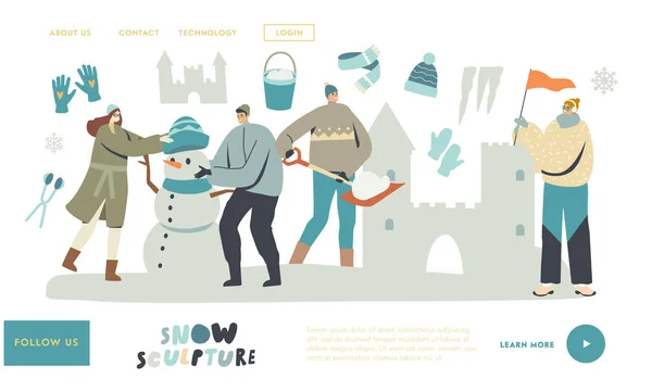 Wintertime Activity Landing Page Template. Junge Figuren basteln Skulpturen aus Schneeburg und Schneemann in der Eisstadt — Stockvektor