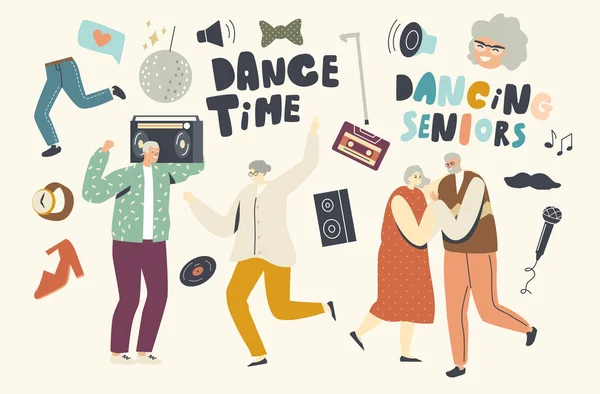 Sparetime de personajes senior con baile y diversión. Personas mayores celebrando una fiesta en casa. Estilo de vida activo, Hombres viejos Mujeres — Vector de stock