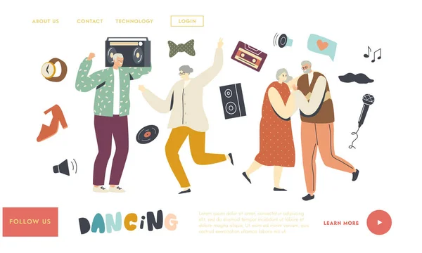Senior Karakters Dancing Landing Page Template. . Ouderen hebben thuis een feestje. Actieve levensstijl, relaties — Stockvector