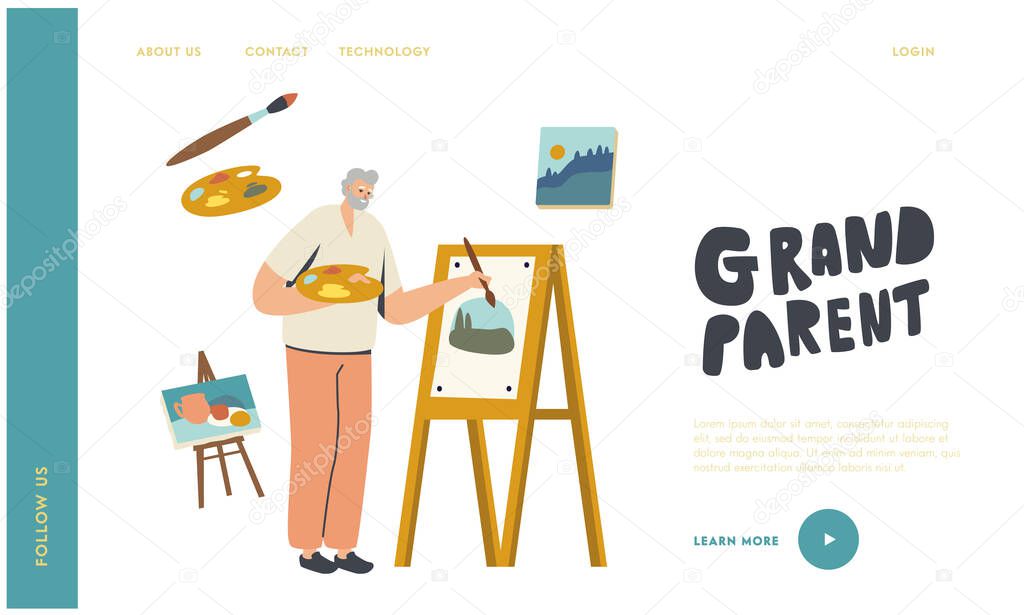 Senior Man Hobby Landing Page Template. Old Male Painter Character Hold Paintbrush in Hand in Front of Easel Drawing