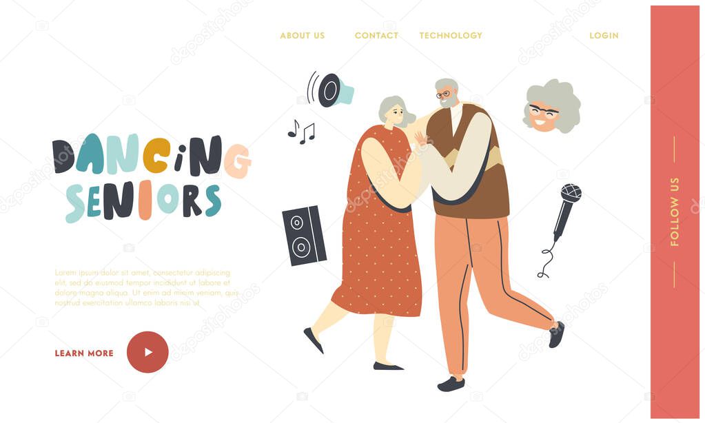 Senior Characters Couple Dancing Landing Page Template. Elderly People Active Lifestyle, Old Man and Woman in Relations