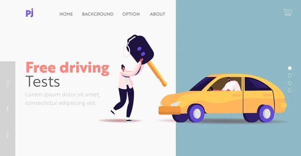 Caractere Learning Drive Car, șablon de pagină de destinație pentru permisul de conducere. O femeie mică poartă o cheie uriașă, un bărbat stă în mașină — Vector de stoc