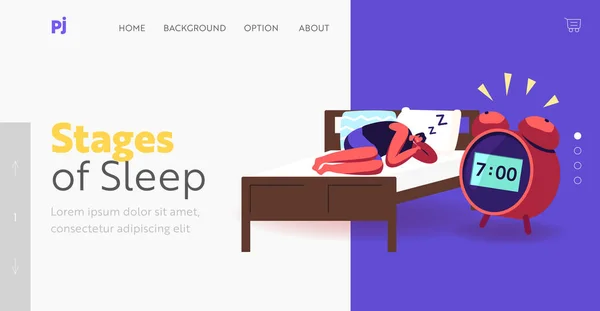 Sogno Notturno, Pisolino, Biancheria da letto Time Landing Page Template. Giovane uomo che dorme sul letto a casa ignorando sveglia squillare — Vettoriale Stock