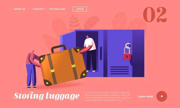 Characters Keeping Baggage Landing Page Template. Tiny Travelers with Huge Bag in Luggage Storage Put Bag in Locker — Stock Vector