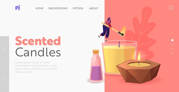 Aroma Therapy, Relax Landing Page Template. Piccolo personaggio femminile che brucia enormi candele aromatiche di cera o paraffina — Vettoriale Stock