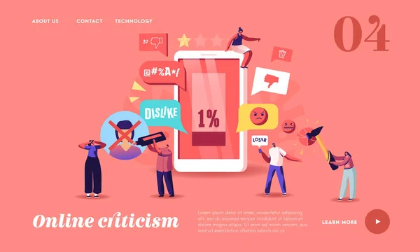 Critica online, Social Network molestie Landing Page Template. Personaggi prepotente in Smartphone molestare vittima — Vettoriale Stock