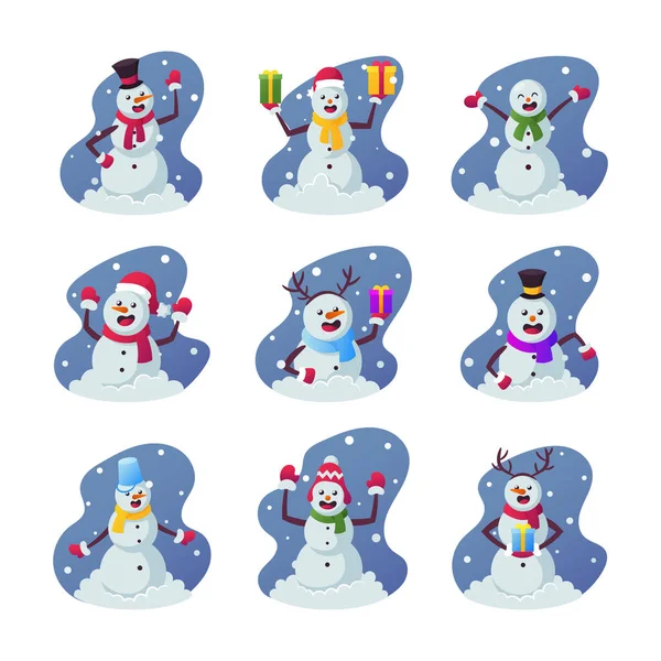 Set de muñecos de nieve de dibujos animados, divertidos personajes de invierno Usar sombreros de ropa abrigada, manoplas y bufanda, sosteniendo regalos y cajas de regalo — Vector de stock