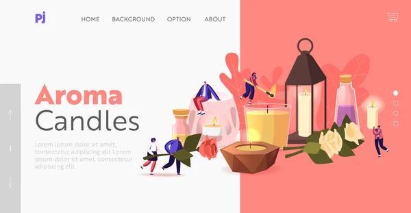 Le persone usano candele aromatiche a Home Landing Page Template. Personaggi minuscoli con varie candele enormi nei candelieri — Vettoriale Stock