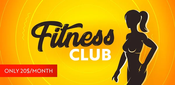 Fitness Club Banner, Seasonal Promo. Sports Poster with Silhouette of Athletic Slim Fit Female Body on Yellow Background — Stock Vector