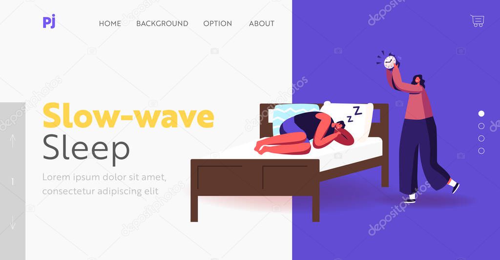 Night Rest, Dream and Bedding Time Landing Page Template. Man in Pajama Sleep on Bed Ignoring Alarm Clock, Wake Up