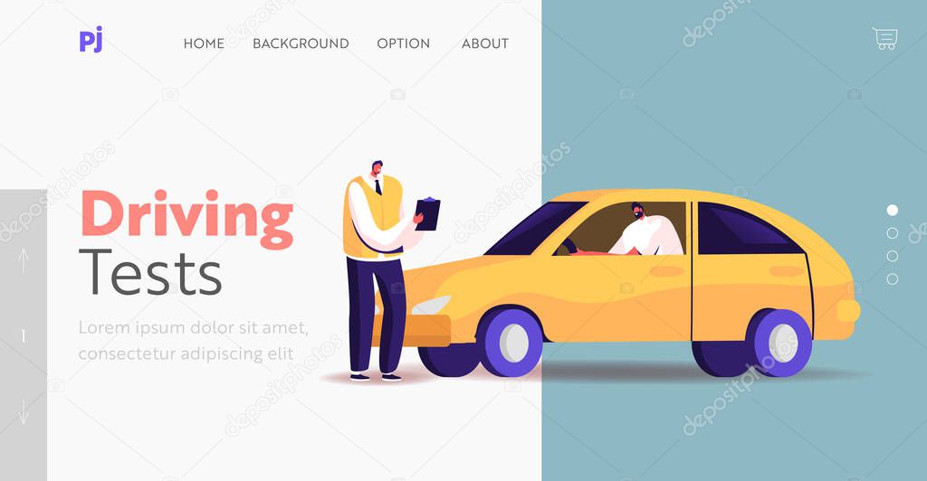 Male Character Pass Exam for Driver License Landing Page Template. Learner Driving Car with Tutor Writing in Clipboard
