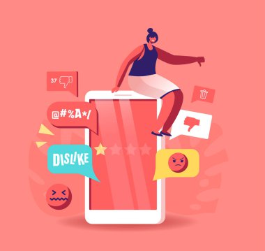 Tiny Female Karakteri Büyük Akıllı Telefon Kabadayılığı, Chat 'te Trollenen Çevrimiçi Trolleme veya Haberci Kötü Yorum Bırakma, Yorumlar