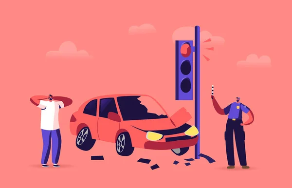 Расстроенный водитель после ДТП на дороге, стресс мужской характер кричать стоять на обочине на сломанном автомобиле — стоковый вектор