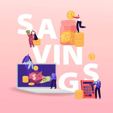Tasarruf Konsepti. Dev Piggy Bank, Hesap Makinesi ve Altın Bozukluklarla Küçük Karakterler Para, Banka Mevduatı, Zenginlik