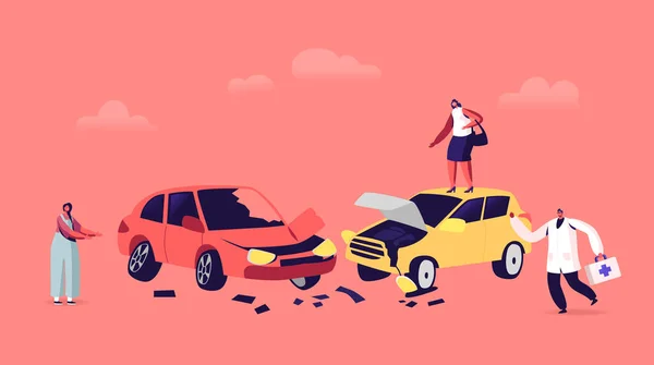 Bilolycka på väg, förare kvinnliga karaktärer argumentera stående på vägen vid kraschade bilar och läkare Skynda — Stock vektor