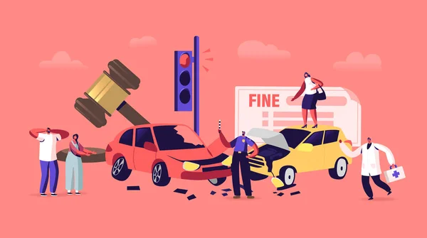 Автомобильная авария на дороге, персонажи водителей стоят на обочине со сломанными автомобилями с офицером полиции — стоковый вектор