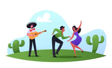 Meksika Partisi, Cinco De Mayo Festivali. Sanatçılar Mariachi ve Gitar ve Dansçı Karakterleri Tatili Kutluyor