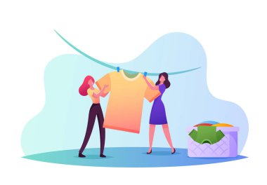 Küçük Kadın Karakterleri Kurutucu Giysiler. Temiz Islak Giysileri İpe Asan Genç Kadınlar Sepetten Yıkanmış Çarşafları Çıkarıyor.