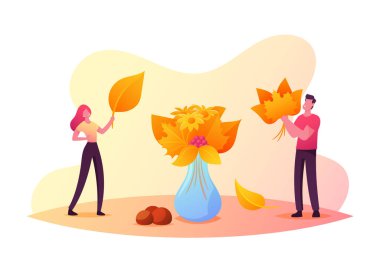 Sonbahar Buketi Toplayan Küçük Erkek ve Kadın Karakterler Düşen Renkli Yaprakları, Çiçekleri ve Meyveleri Büyük Vazoya Koy