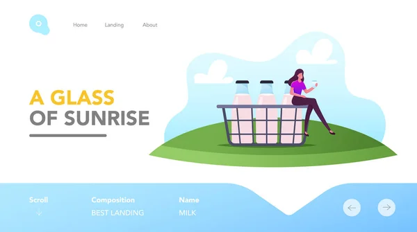 Bebida saudável, Produção de laticínios, Milkman Job Landing Page Template. Pequena fêmea sentada em uma enorme cesta com garrafas —  Vetores de Stock