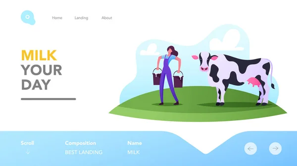 Mjölkmannen Landning Page Mall. Kvinnligt karaktärsarbete på lantgård. Mjölkpiga kvinna i enhetlig bärare hinkar efter mjölkning ko — Stock vektor