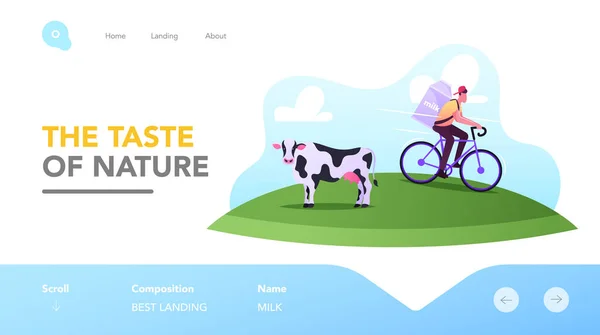 Mjölkmannen Jobb, Mjölk Livsmedel Leverans Landning Page Template. Företag som levererar mjölk med cykel. Arbete med jordbruk, sjöfart mjölk — Stock vektor