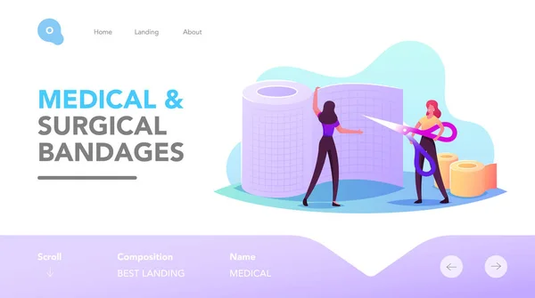 Πρώτες Βοήθειες, Ιατρική Βοήθεια, Νοσοκόμα Profession Landing Page πρότυπο. Μικροσκοπικός γυναικείος ιατρικός επίδεσμος με ψαλίδι — Διανυσματικό Αρχείο