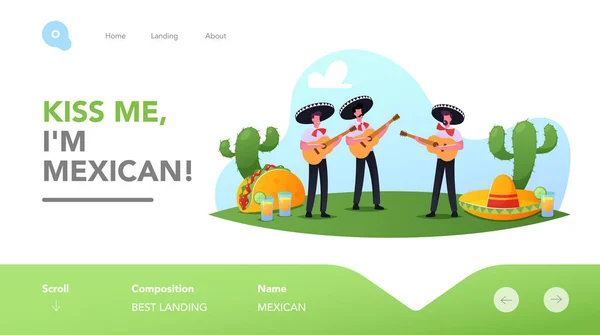 Cinco De Mayo Festival Landing Page Template. Mexičtí muži v Sombrero hraje na kytaru slaví národní lidový svátek — Stockový vektor
