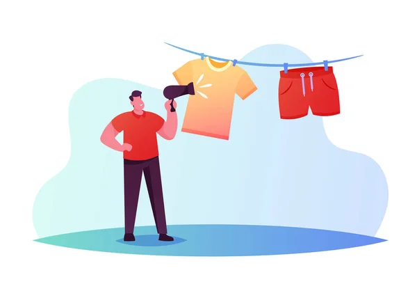 Male Character Use Fan for Drying Clothing Hang on Rope. Man Household Activity, Home Chores and Routine. Creative Idea — Stock Vector